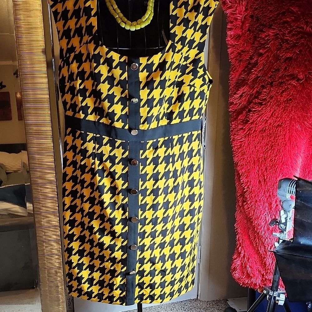 Bold Houndstooth Dress with Button Accents